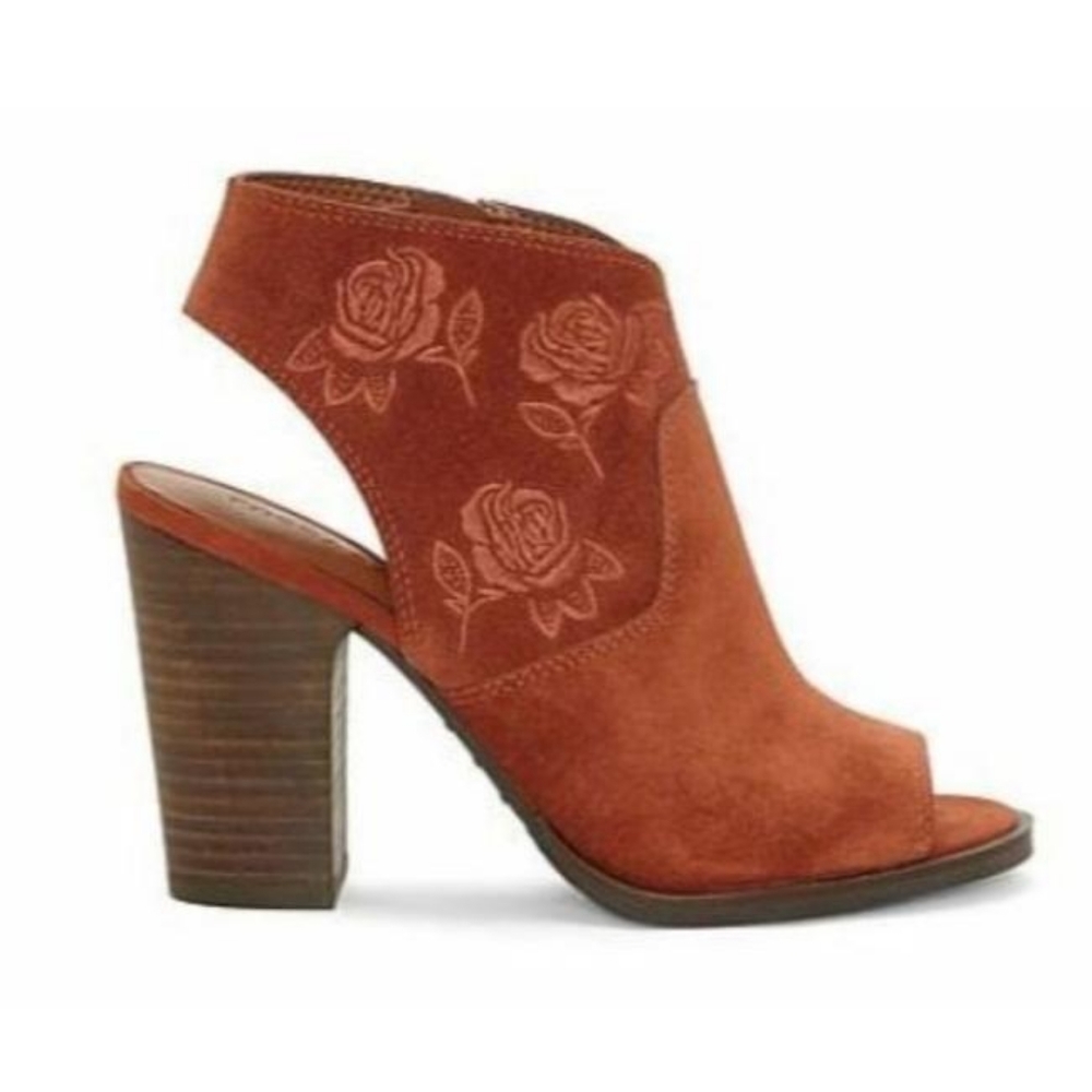 Lucky Brand Oak Red Listana Suede Ross embroidered boots/booties open toe 8.5